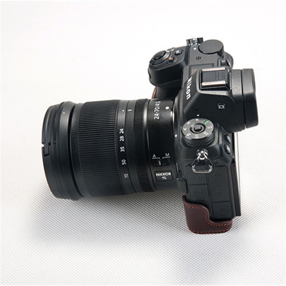 For Nikon Z7 Genuine Leather Half Bottom Camera Protection Case with Strap - Brown-2