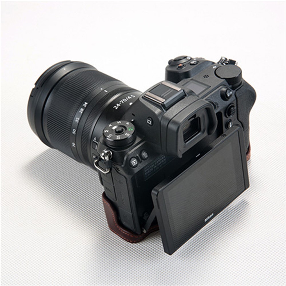 For Nikon Z7 Genuine Leather Half Bottom Camera Protection Case with Strap - Brown-4