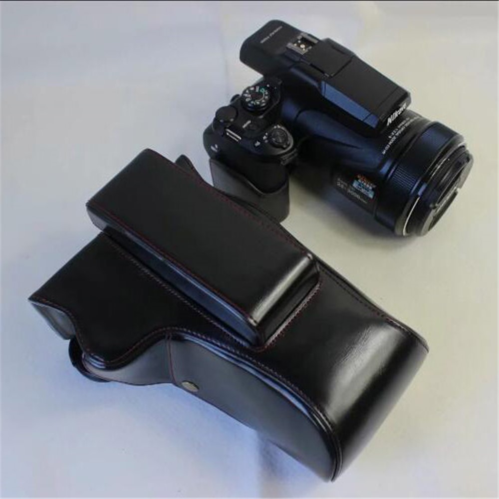 PU Leather Camera Protection Case + Strap + Camera Lens Bag for Nikon P1000 - Black-6