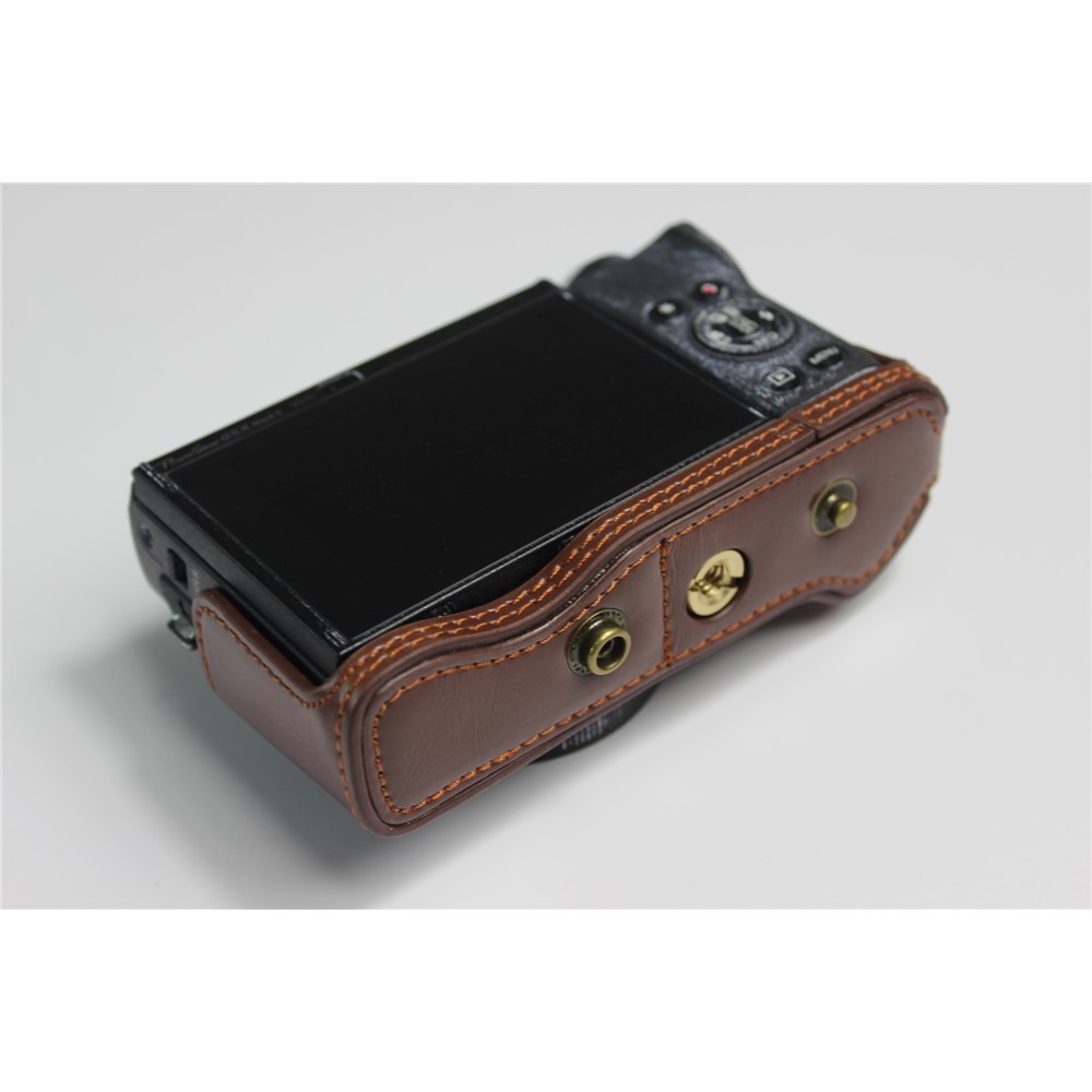 Borsa Caso La Metà Della Macchina Fotografica Di Cuoio Dell'unità Di Elaborazione Con La Cinghia Per Canon PowerShot G5 X Mark II - Caffè-14