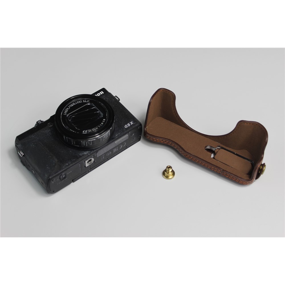 Borsa Caso La Metà Della Macchina Fotografica Di Cuoio Dell'unità Di Elaborazione Con La Cinghia Per Canon PowerShot G5 X Mark II - Caffè-17