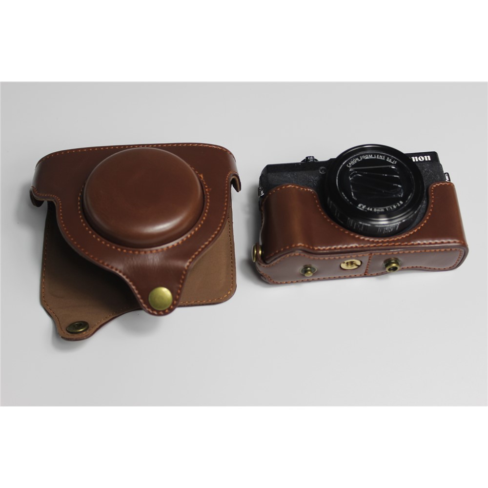 Borsa Caso La Metà Della Macchina Fotografica Di Cuoio Dell'unità Di Elaborazione Con La Cinghia Per Canon PowerShot G5 X Mark II - Caffè-7