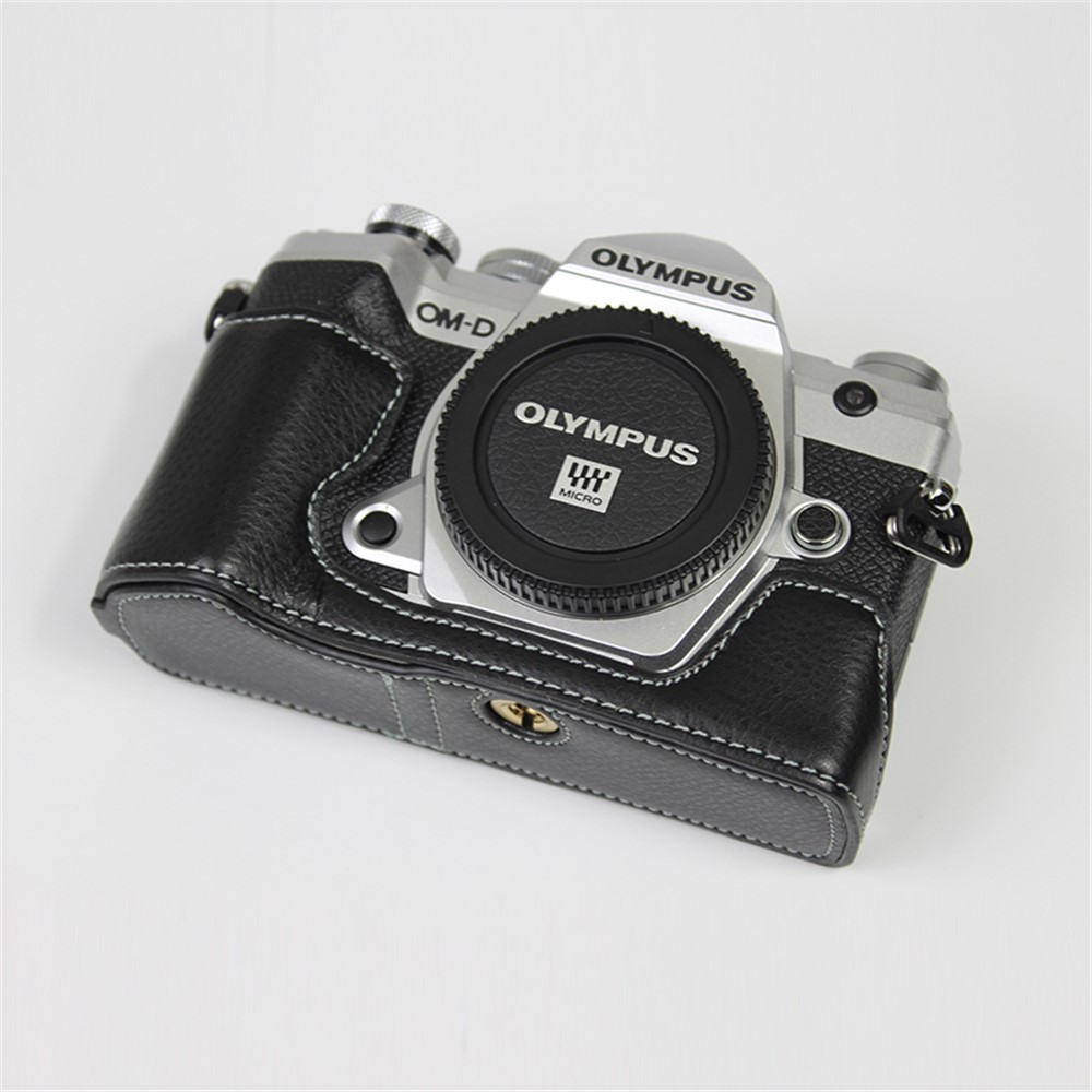 Genuine Leather Half Bottom Camera Protective Case Bag for for Olympus E-M5 Mark III - Black-2