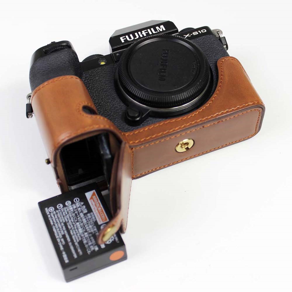 PU Leather Camera Half Case Bottom Cover with Battery Opening for Fujifilm X-S10 - Coffee-3