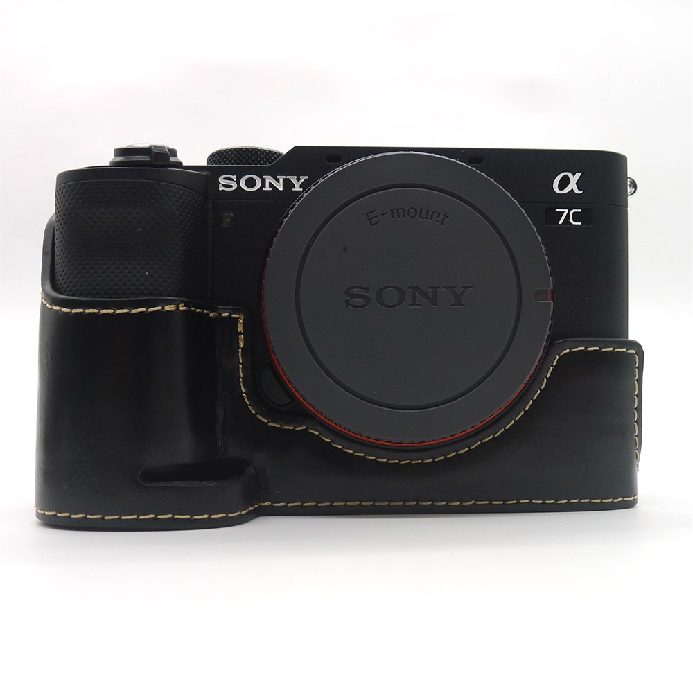 Camera Half Case PU Leather Bottom Protective Cover with Battery Opening for Sony A7C - Black-1