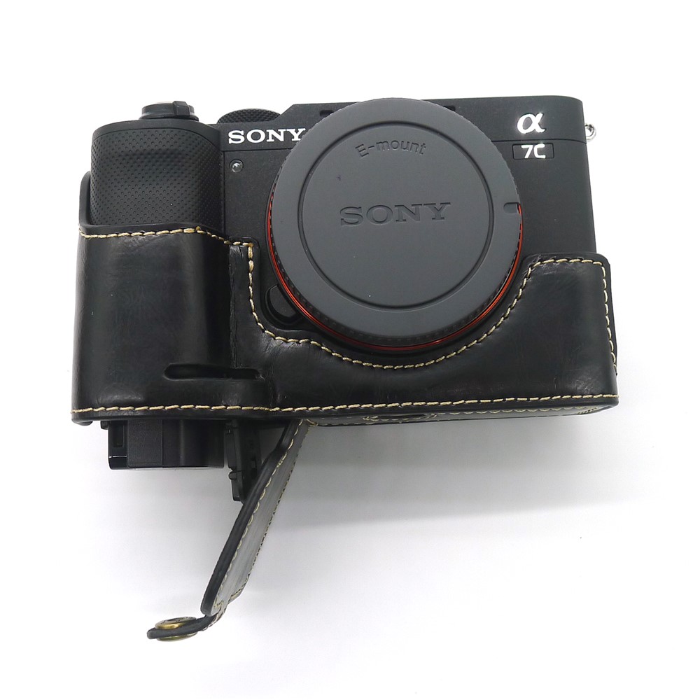 Camera Half Case PU Leather Bottom Protective Cover with Battery Opening for Sony A7C - Black-7