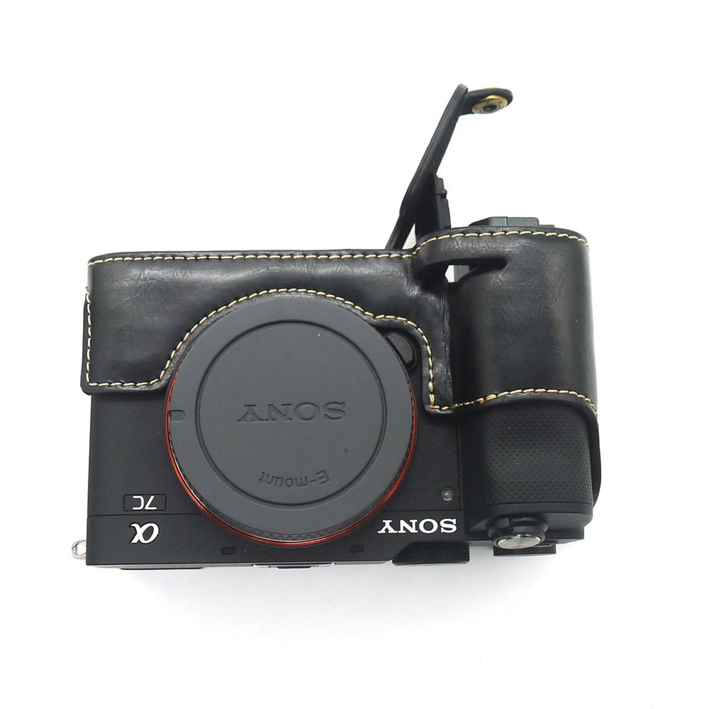 Camera Half Case PU Leather Bottom Protective Cover with Battery Opening for Sony A7C - Black-8