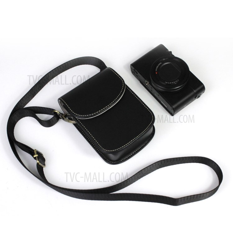 Sac de Caméra PU Cuir de Protection en Cuir Avec Bandoulière Pour Canon Ricoh Sony Olympus - le Noir