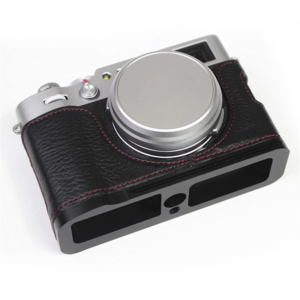 Genuine Leather Camera Half Body Cover Bottom Case Quick Release Plate Set for Fuji X100V - Litchi Texture Black-1