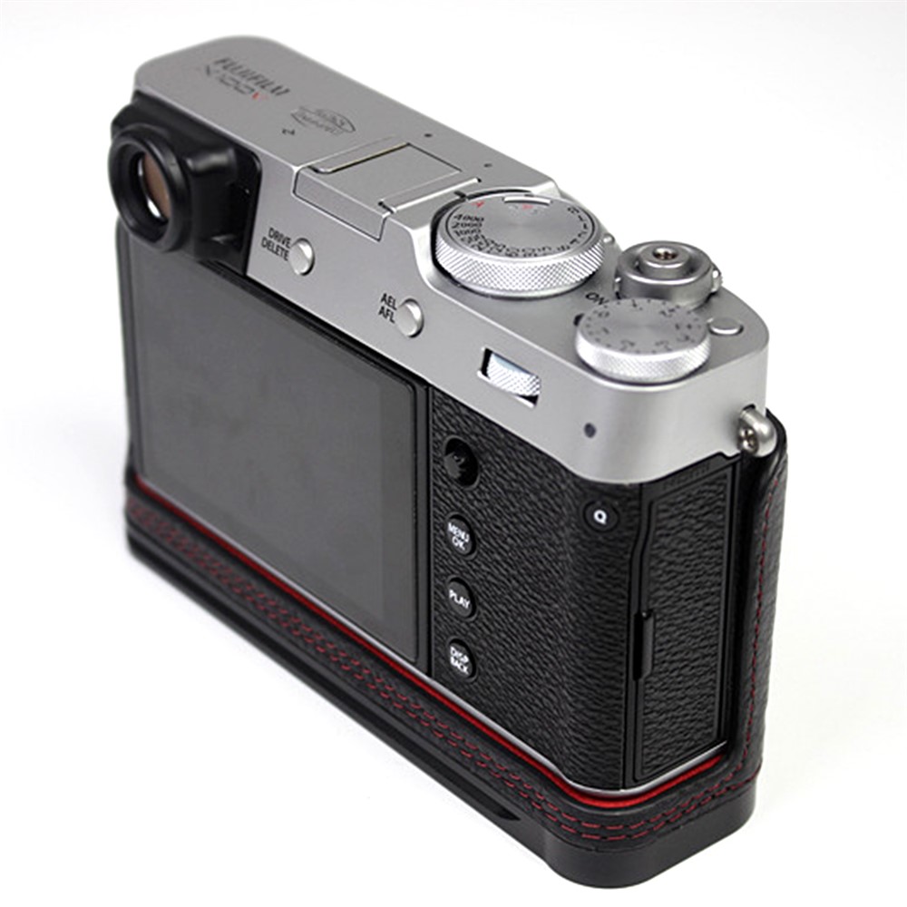 Genuine Leather Camera Half Body Cover Bottom Case Quick Release Plate Set for Fuji X100V - Litchi Texture Black-3