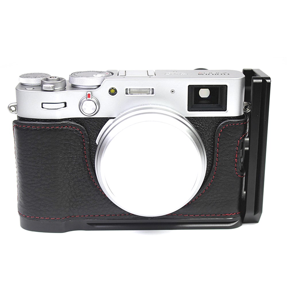 Genuine Leather Camera Half Body Cover Bottom Case Quick Release Plate Set for Fuji X100V - Litchi Texture Black-4