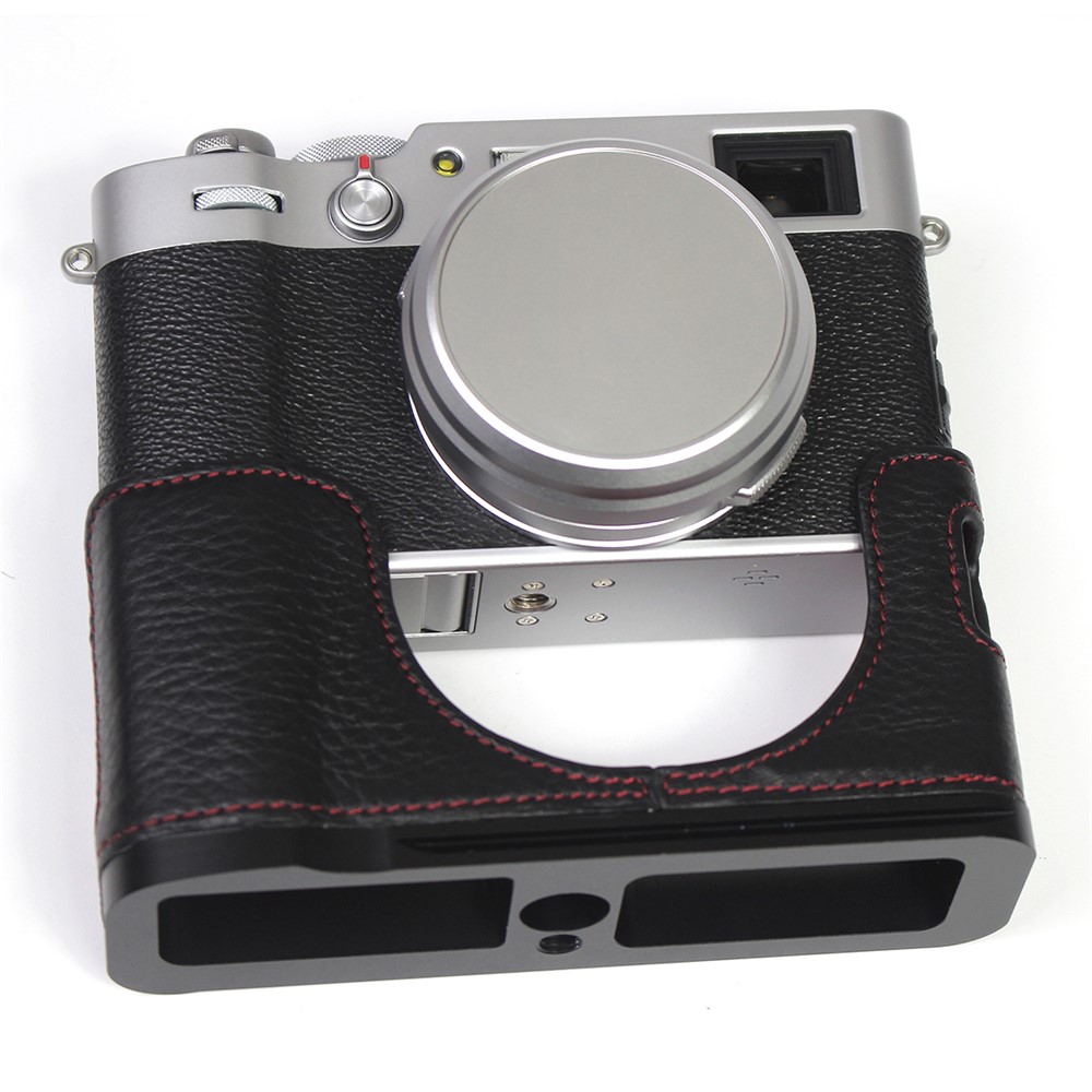 Genuine Leather Camera Half Body Cover Bottom Case Quick Release Plate Set for Fuji X100V - Litchi Texture Black-6