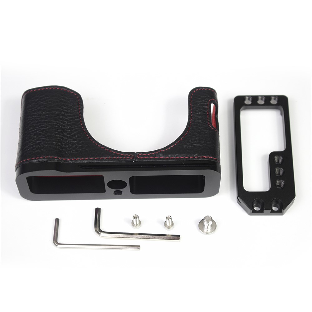Genuine Leather Camera Half Body Cover Bottom Case Quick Release Plate Set for Fuji X100V - Litchi Texture Black-8