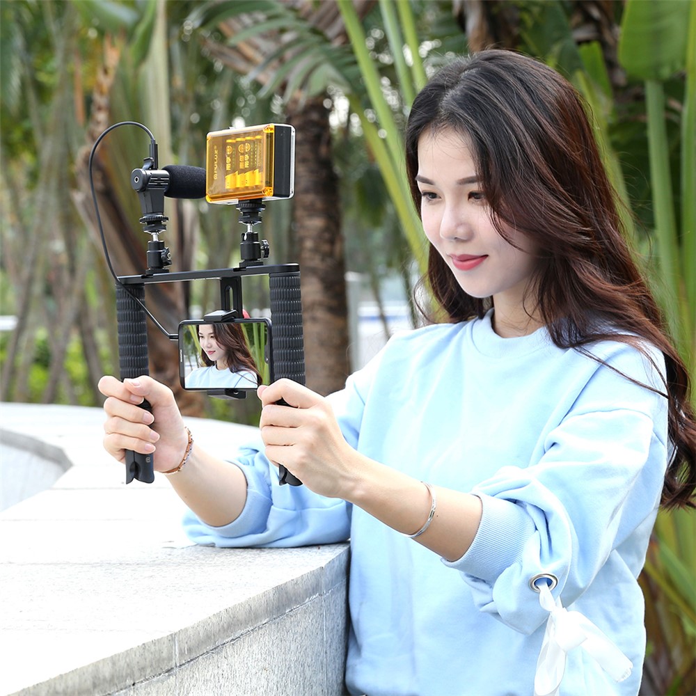 PULUZ PKT3024 4 in 1 Live Broadcast LED Selfie Light Smartphone Video Rig Handle Stabilizer Bracket Kits Microphone Tripod-13