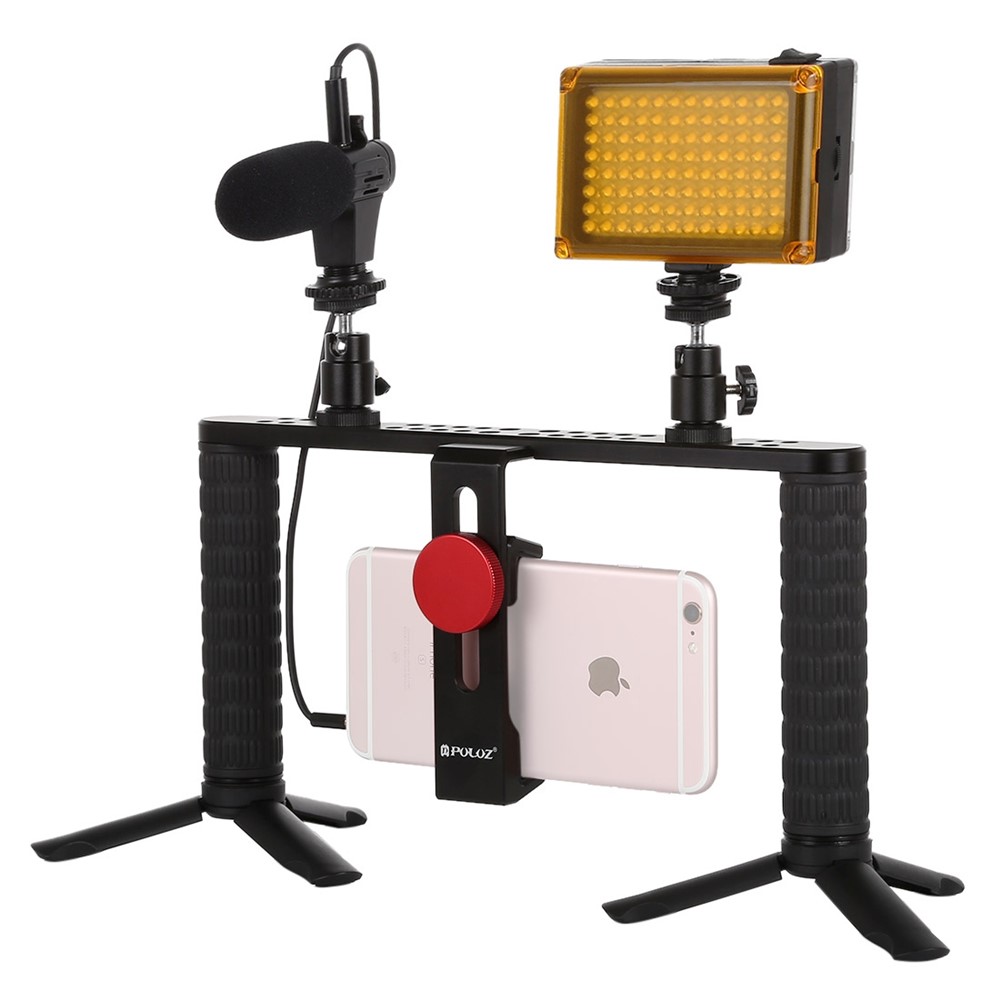 PULUZ PKT3024 4 in 1 Live Broadcast LED Selfie Light Smartphone Video Rig Handle Stabilizer Bracket Kits Microphone Tripod-4