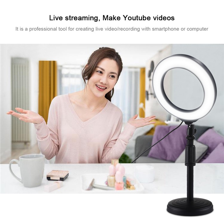 PULUZ PU392 Round Base Desktop Mount + 6.2 inch USB Dimmable LED Ring Vlogging Video Light-11