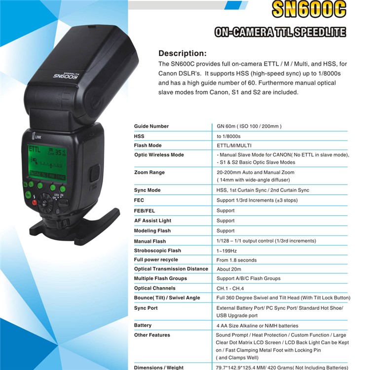SHANNY SN600C Flash Light HSS 1/8000s On-camera TTL GN60 Flashgun Speedlite for Canon-12