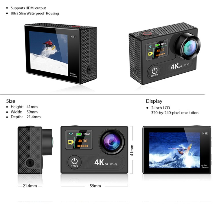 H8R 2.0-inch 2.4G Wireless Remote Control Waterproof HD 1080P 4K WiFi Sports 170-Degree Wide Angle Camera - Black-6