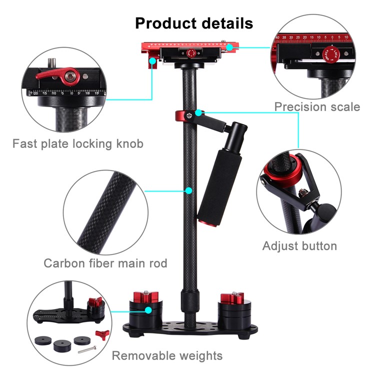 PULUZ S60T Adjustable 38.5-61cm Handheld Stabilizer Steadicam for DSLR Cameras DV Cameras - Red-11