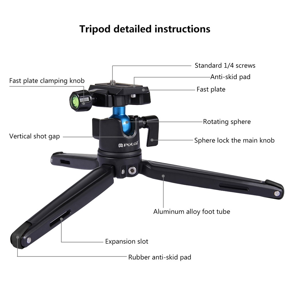 PULUZ PU3002 Mini Metal Desktop Tripod Mount with Adjustable Height for DSLR and Digital Cameras - Black-8