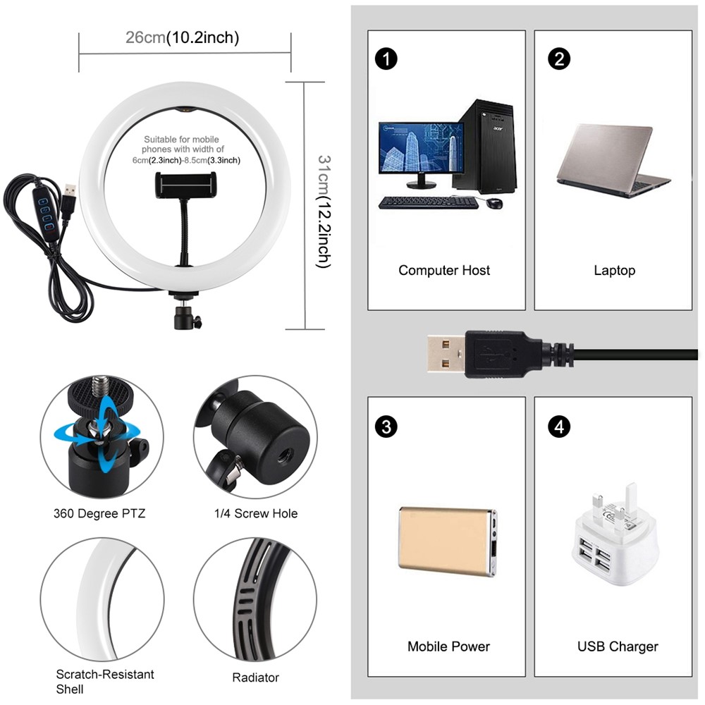 PULUZ PU397 10-Zoll-dimmbare LED-Ringlicht Aufhellblitz Mit Handyclip - Schwarz-2