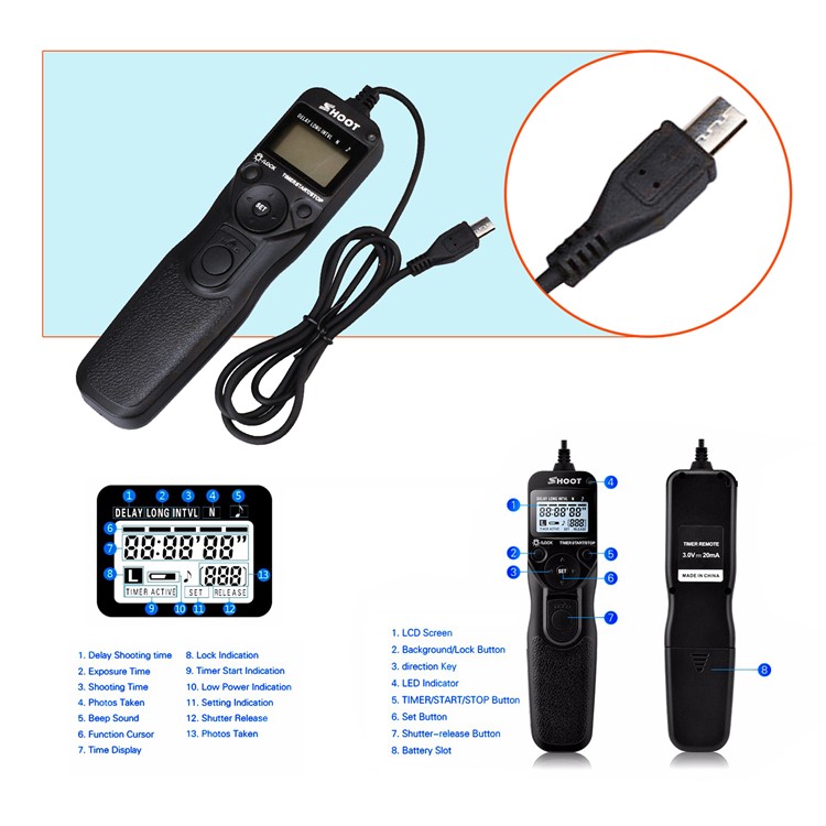 SHOOT RM-VPRI LCD Timer Remote Control for Sony Alpha A7 A7R A5000 A6000 Shutter Release-5