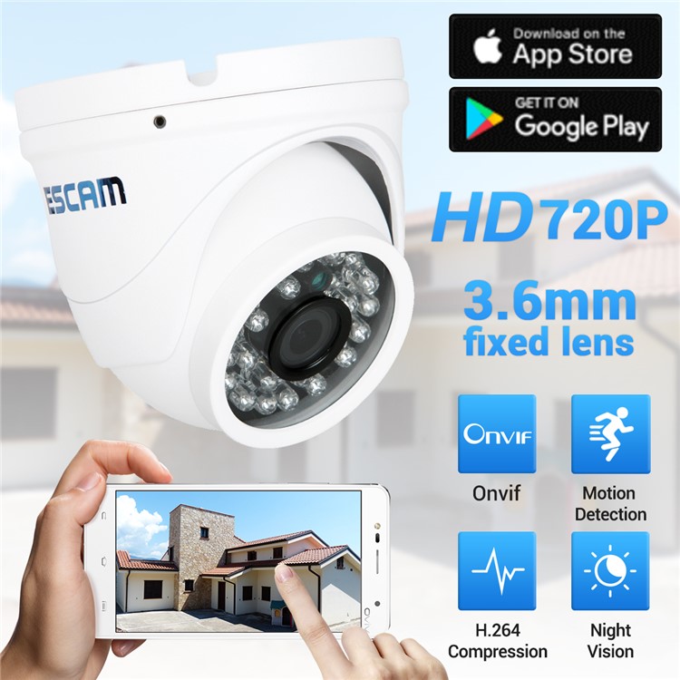ESCAM QD520 720P 10m IP65 Dome CCTV IP Camera with 24pcs Leds - EU Plug-1