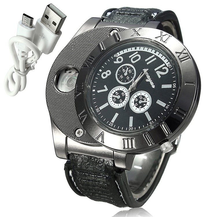 Cool Military Electronic Lighter USB Powered Flameless Cigarette Lighter Watch for Men - Black-2