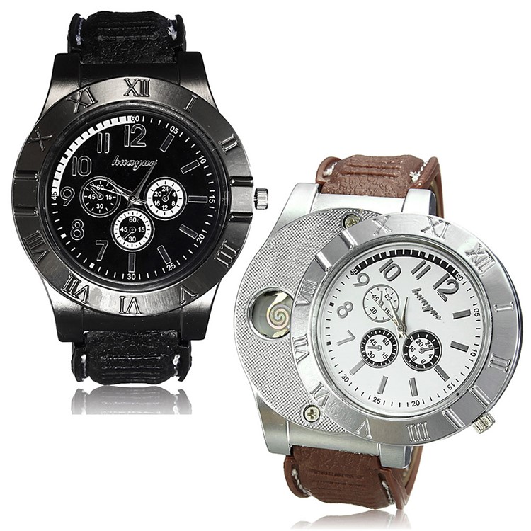 Cool Military Windproof Flameless Electronic Lighter Men's Metal Watch - Silver-2