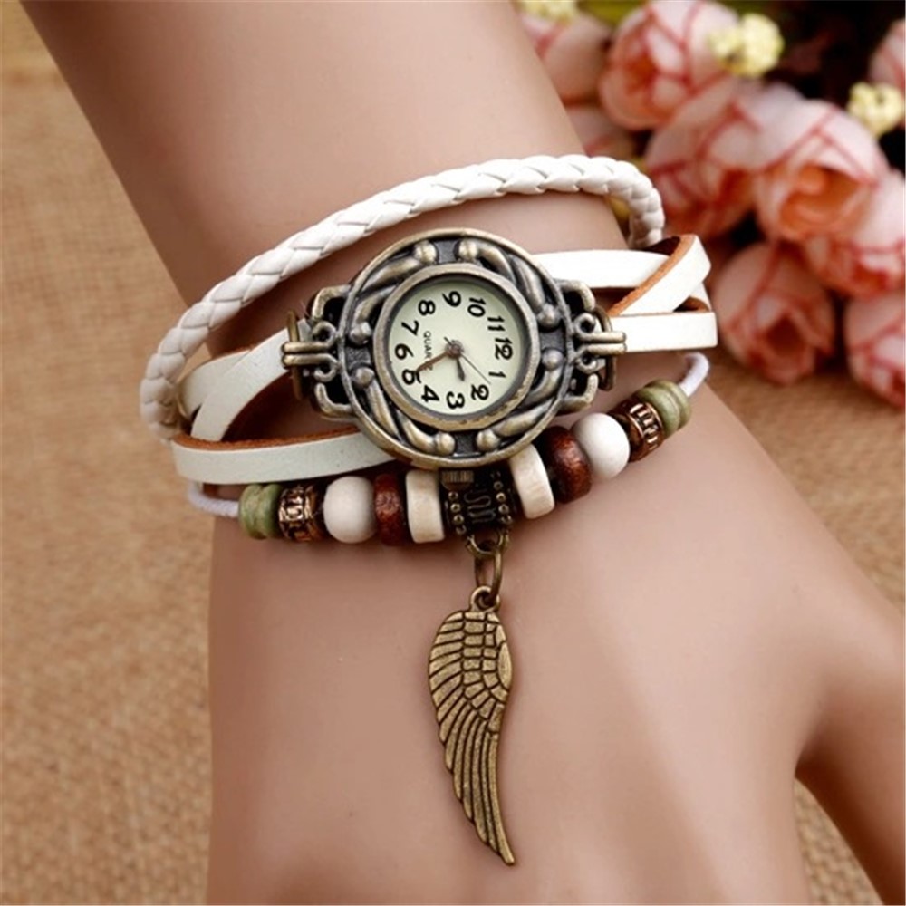 Envoltura de la armadura de la vendimia del cuarzo alrededor de la pulsera de cuero Reloj de la señora Leaf - Blanco-1
