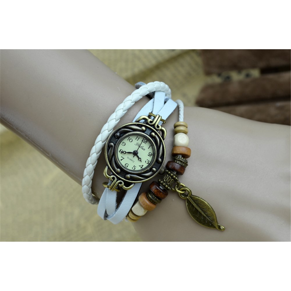 Envoltura de la armadura de la vendimia del cuarzo alrededor de la pulsera de cuero Reloj de la señora Leaf - Blanco-2