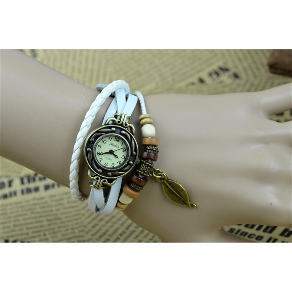 Envoltura de la armadura de la vendimia del cuarzo alrededor de la pulsera de cuero Reloj de la señora Leaf - Blanco-3