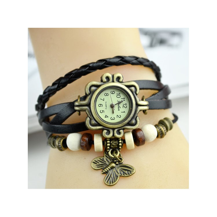 Retro Butterfly Pendants Braided Leather Bracelets Women Wrist Watch