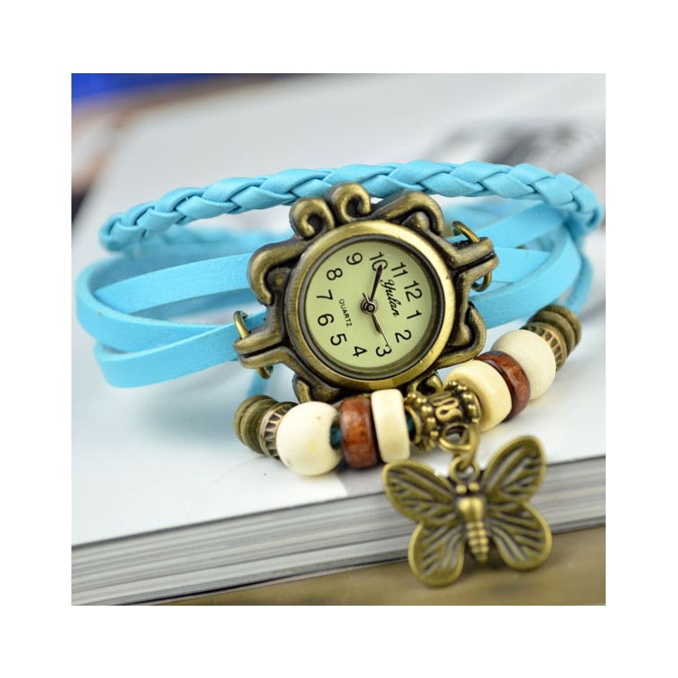 Women Retro Butterfly Pendants Braided Leather Chain Bracelets Wrist Watch - Baby Blue-1