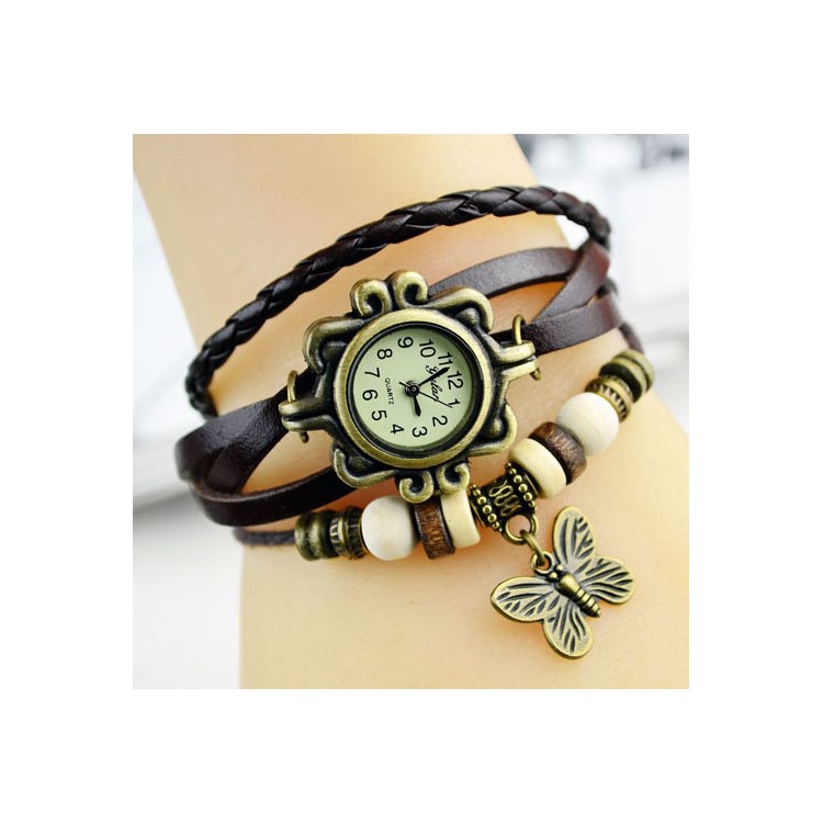 Frauen Armbanduhr mit Retro Schmetterling Anhänger geflochtene Leder Armbänder Strap - Kaffee-1
