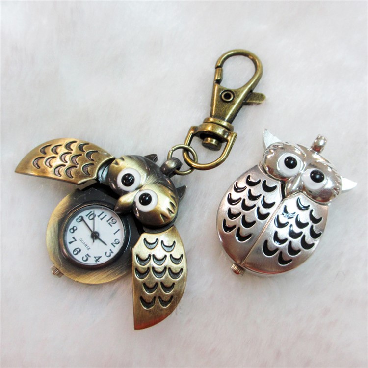 Vintage Eule Stil Quarz Taschenuhr Doppel Offene Halskette Kettenuhr - Silberfarbe-6