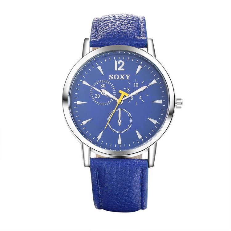 Round Dial Quartz Wrist Men Watch Leather Band - Blue-1