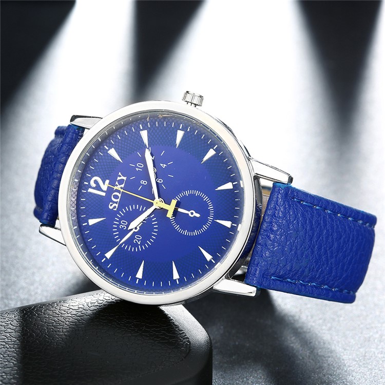 Round Dial Quartz Wrist Men Watch Leather Band - Blue-2