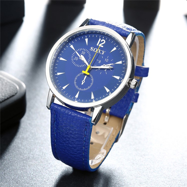 Round Dial Quartz Wrist Men Watch Leather Band - Blue-3
