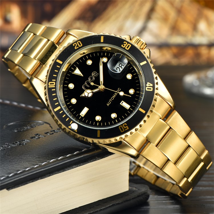 MCE automático de movimiento mecánico de movimiento automático de reloj con soporte de banda de acero de calendario de visualización - negro-3