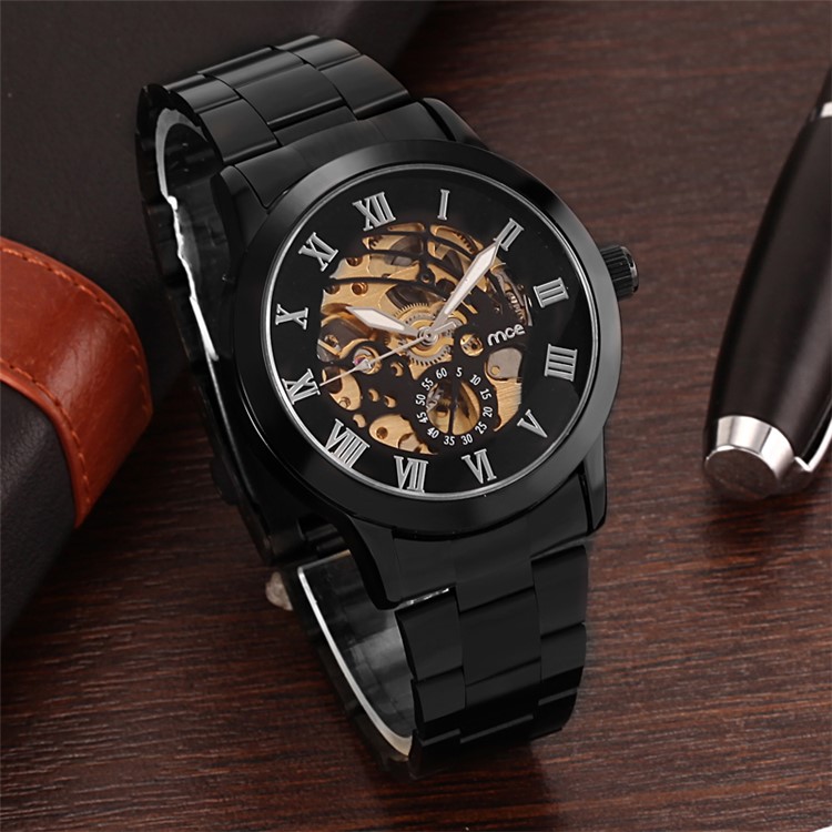 MCE plateado hueco reloj auto reloj mecánico automático con banda de acero - negro-1