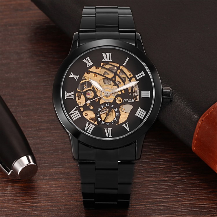 MCE plateado hueco reloj auto reloj mecánico automático con banda de acero - negro-2