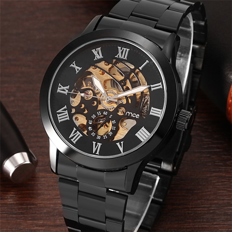 MCE plateado hueco reloj auto reloj mecánico automático con banda de acero - negro-3