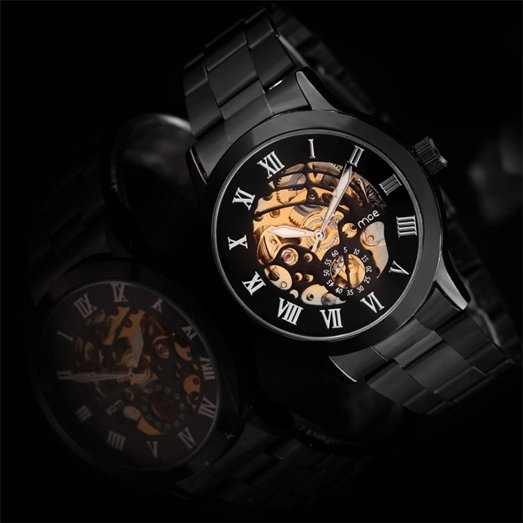 MCE plateado hueco reloj auto reloj mecánico automático con banda de acero - negro-4