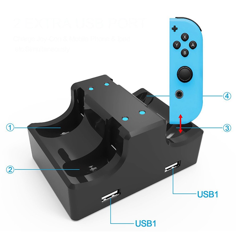 Estação De Carregamento Do Suporte Do Berço De Carregamento 4-em-1 Com 2 Portas USB Para O Joystick Da Chave De Nintendo Ou Smartphones-14