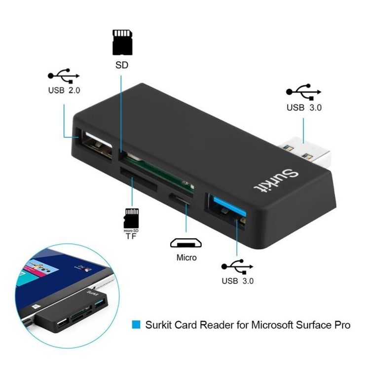 USB 3.0 HUB Adapter with SD/Micro SD Card Reader for Microsoft Surface Pro 3/4-11