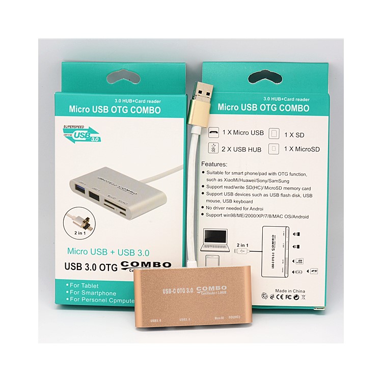 Micro USB + USB 3.0 to Micro USB + SD Card + Micro SD Card + USB 2.0 + USB 3.0 HUB Adapter - Gold-4