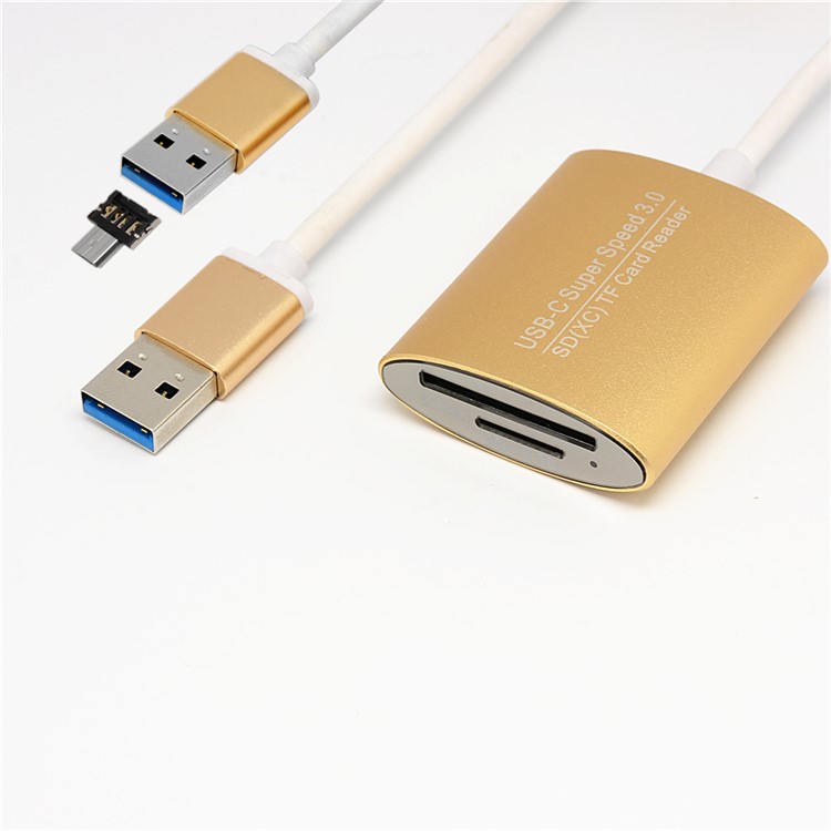 Mini Aluminium Alloy High Speed Micro + USB 3.0 to SD(XC) / TF Card Reader Adapter - Gold-1