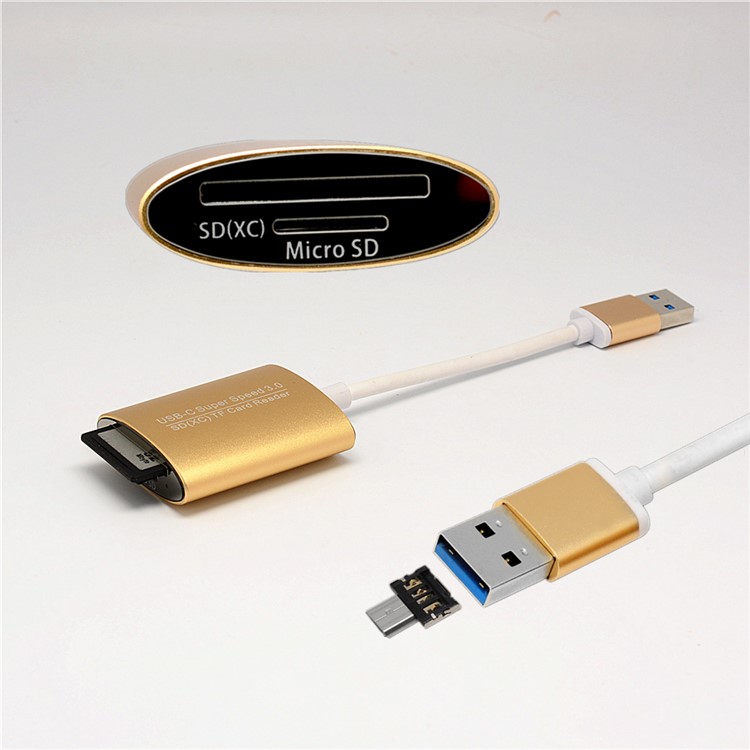 Mini Aluminium Alloy High Speed Micro + USB 3.0 to SD(XC) / TF Card Reader Adapter - Gold-3