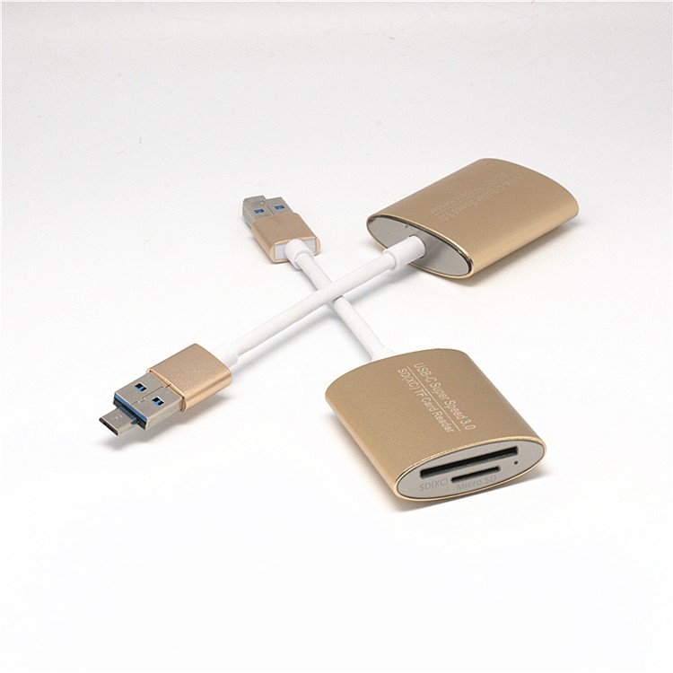 Mini Aluminium Alloy High Speed Micro + USB 3.0 to SD(XC) / TF Card Reader Adapter - Gold-5